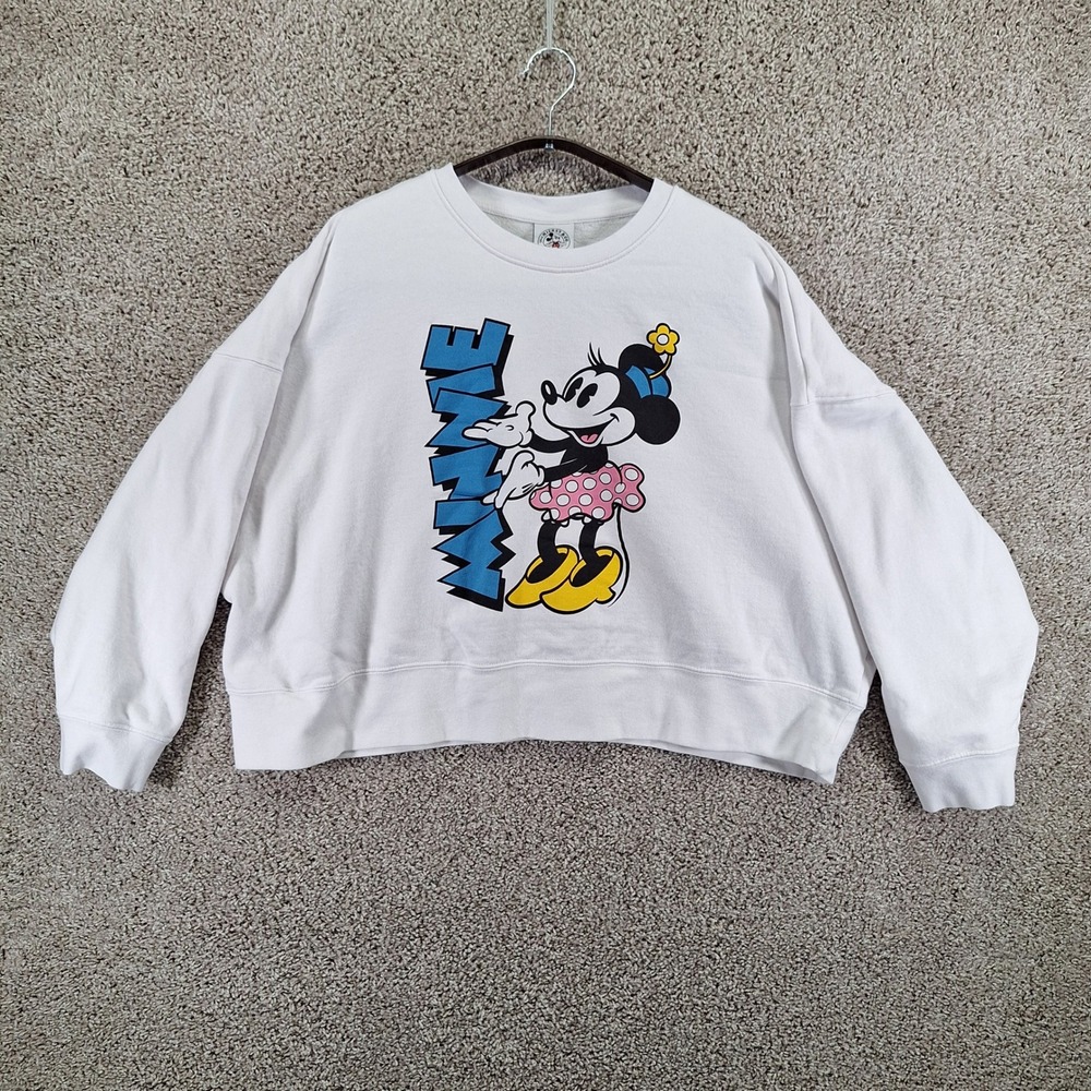 Disney Sweatshirt Womens XL‎ White Minnie Mouse Graphic Pullover Retro Cropped